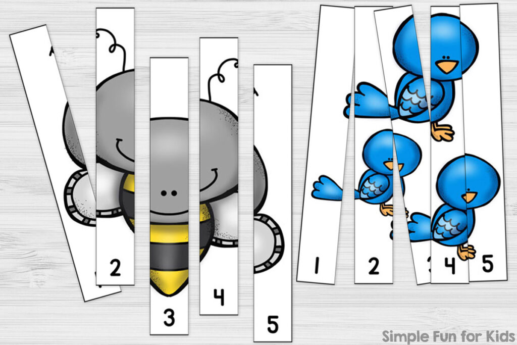 Two 5-piece puzzles showing a bee and three birds respectively. Both puzzles are on top of a white desktop.