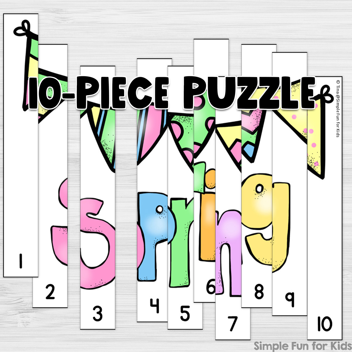 Ten-piece spring line-up puzzle on top of a white desktop with the words 10-piece puzzle in black on top.