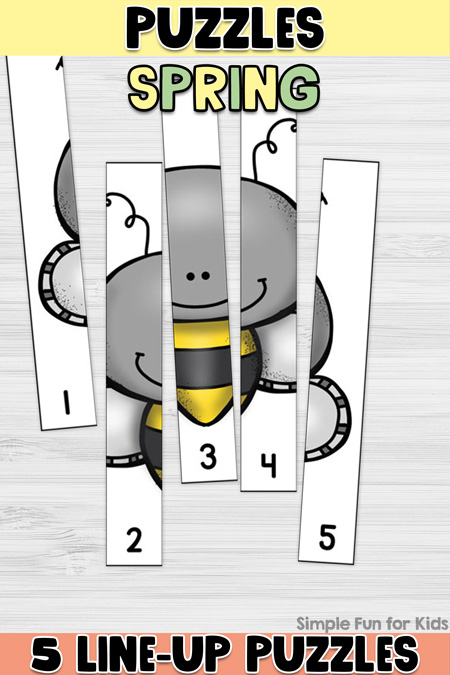 Pinnable image for printable spring puzzles. It has a yellow banner at the top with puzzles in black on it and the word spring in pastel colors underneath. A 5-piece line-up puzzle of a bee is shown underneath on top of a white desktop. At the bottom is a banner that says 5 Line-Up Puzzles below a Simple Fun for Kids watermark.