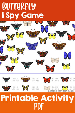 Practice counting, visual discrimination, visual scanning, 1:1 correspondence, number recognition and more with this printable Butterfly I Spy Game for preschoolers and kindergartners.