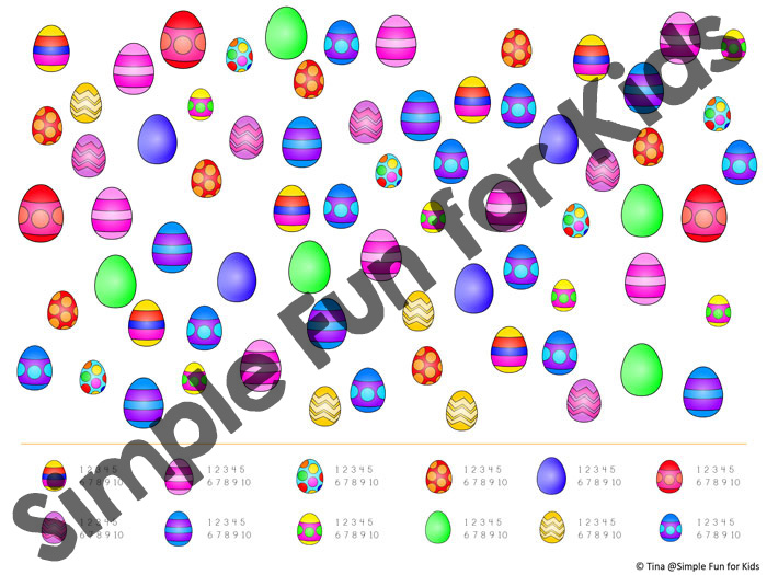 Quick and simple printable games for kids: Find and count the different Easter eggs in this Easter Egg I Spy Game! Great for preschoolers and kindergartners.