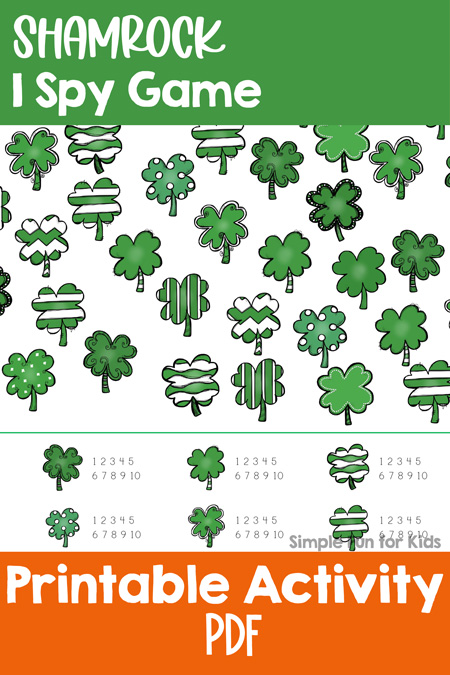 Printable Games for Kids: Practice counting, visual discrimination, number recognition, and more with this Shamrock I Spy game! A fun quick and simple math game with a St. Patrick's Day theme for toddlers, preschoolers, and kindergartners.