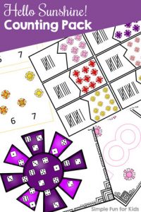 This Counting Printable Pack contains 10 different activities for learning and practicing counting at different skill levels for toddlers and preschoolers with play dough mats, games, clip cards, puzzles, and more. Includes numbers, dice, and tally mark versions.