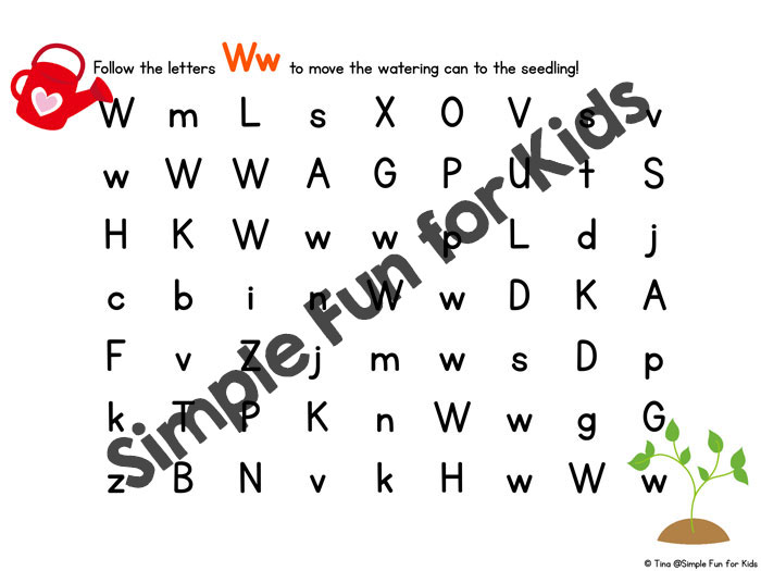 Work on learning and reviewing letter W with this cute W is for Watering Can Letter Maze! Fun for anyone who's learning letters, from toddler to kindergartener, and great for Earth Day or a gardening theme.