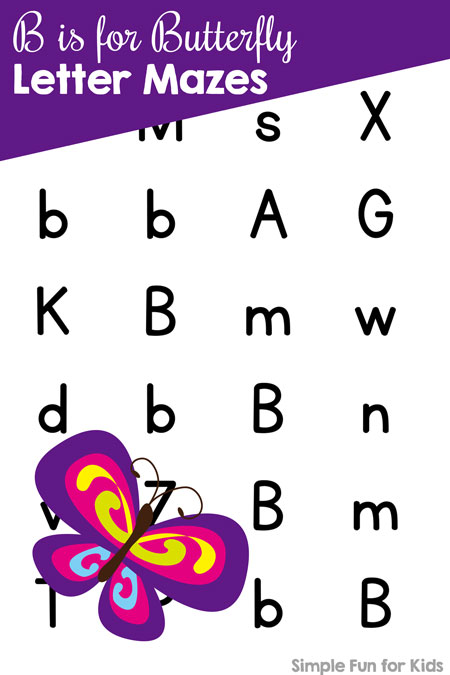 Learn Letters with Fun Letter Mazes! This printable B is for Butterfly Letter Maze is perfect for toddlers, preschoolers, and kindergarteners who are working on letter recognition.