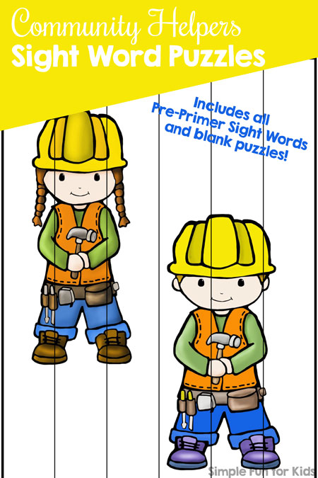 Is your preschooler or kindergartener learning pre-primer sight words? Make it more fun with these cute printable Community Helpers Sight Word Puzzles! Perfect for a community workers theme or just because firefighters, police officers, teachers, etc. are awesome :)