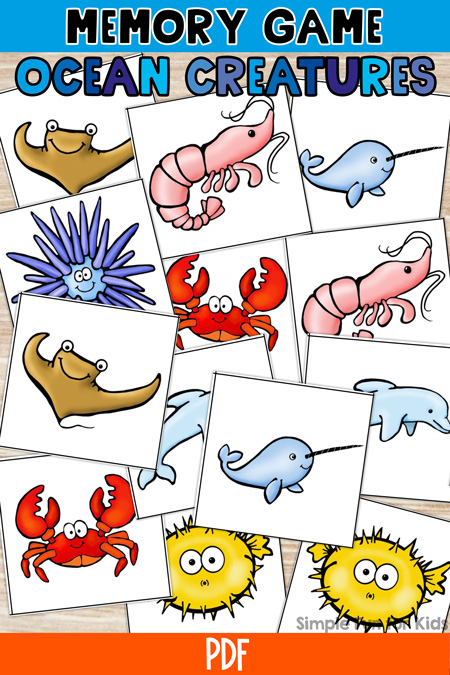 Pinnable image for ocean creatures memory game showing different matching cards on a wooden desktop. At the top, it says "Memory Game" in black on a light blue background and "Ocean Creatures" in different shades of blue underneath. At the bottom is an orange rectangle with the word "PDF" in white on top.