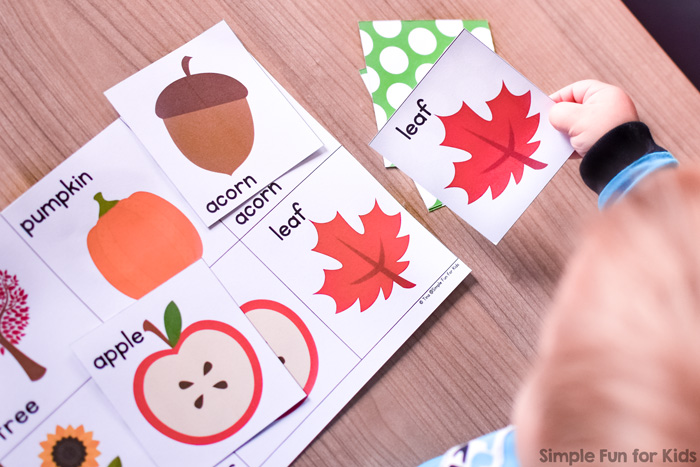 Play a fun, simple printable game with your toddler to practice fall vocabulary, matching, 1:1 correspondence, and more: Fall Matching Game for Toddlers!
