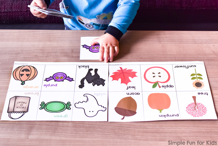 Play a fun, simple printable game with your toddler to practice fall vocabulary, matching, 1:1 correspondence, and more: Fall Matching Game for Toddlers!