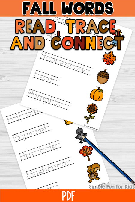 Picture of two pages of fall words read, trace, and connect worksheets with a pencil on top of a white desktop. At the top is an orange banner with fall words in black on it and read, trace, and connect in fall colors underneath. At the bottom is another orange banner with PDF in white on it and a Simple Fun for Kids watermark in black above it.