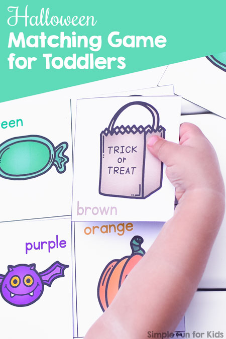Work on colors, vocabulary, and basic math skills like matching and one-to-one correspondence with this fun, simple printable Halloween Matching Game for toddlers!