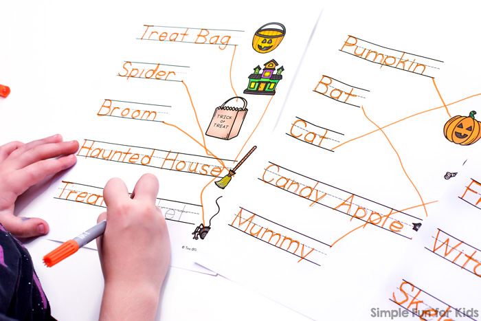 Perfect seasonal printable for kindergarteners working on reading and writing simple words: Check out these Halloween Words Read, Trace, and Connect Worksheets!