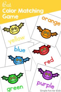 This simple printable game is so much fun for my two-year-old: Bat Color Matching Game for Toddlers! Perfect for Halloween (non-scary!) or any time of the year!