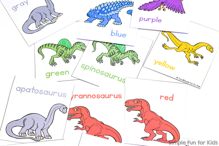 Does your toddler love matching and sorting? Play this fun and simple printable Dinosaur Matching Game for Toddlers that's perfect for learning colors, dinosaur names, 1:1 correspondence, visual discrimination, and more!