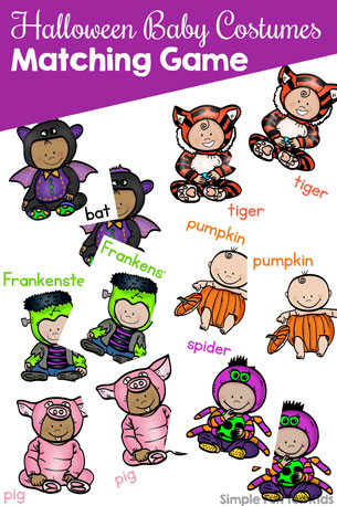 My 2-year-old thought these printable cards were hilarious: This Halloween Baby Costumes Matching Game for Toddlers was great fun for him and helped him improve his matching, 1:1 correspondence, visual discrimination, and visual scanning!