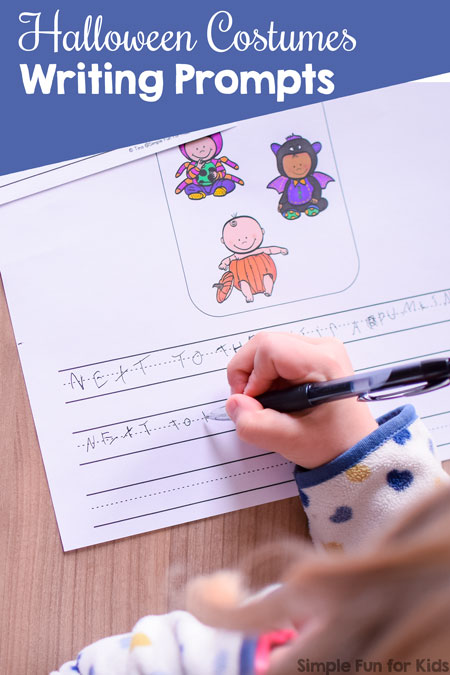 Give kindergarteners as much or as little help as they need when they start writing their own sentences: These printable Halloween Costumes Writing Prompts for Beginners include four variations with and without suggested words.