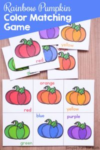 Toddlers can learn and review colors with this printable Rainbow Pumpkin Color Matching Game! Simple, large cards and just a few matches, perfect for little hands and minds.