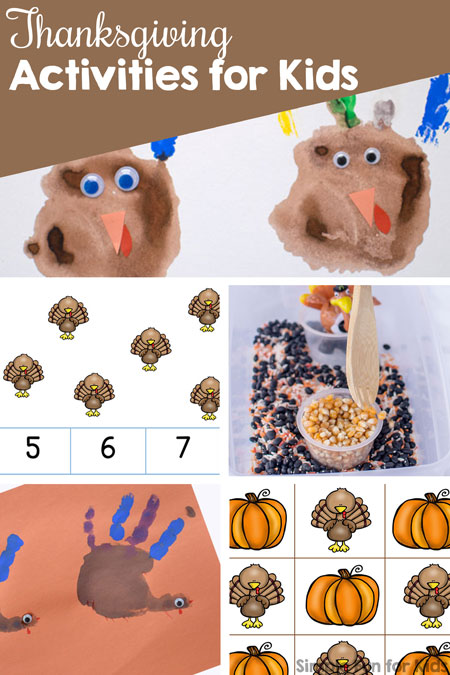 Check out all of the 50+ Thanksgiving Activities for Kids on Simple Fun for Kids! Sensory activities for toddlers, handprint crafts, printables for preschoolers, kindergarteners, and elementary students, and more!