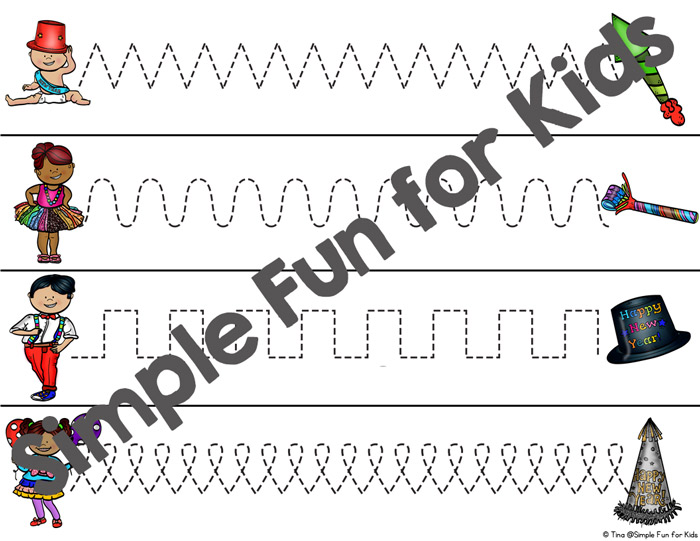 Practice advanced prewriting skills with these fun printable New Year's Party Advanced Tracing Lines! No prep needed, great for preschoolers and kindergarteners.