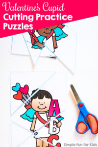 Let your preschooler or kindergartener cut his or her own puzzles! These cute no-prep printable Valentine's Cupid Cutting Practice Puzzles channel cutting practice into a useful activity!