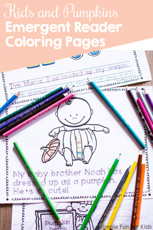 Practice reading, handwriting, and fine motor skills with these cute Kids and Pumpkins Emergent Reader Coloring Pages! Great for all ages from toddlers to first graders, and part of the 7 Days of Pumpkin Printables series.