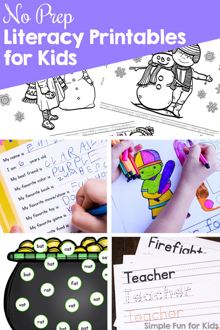 Do you need a quick and simple literacy worksheet that doesn't require cutting or other preparation? Check out these 110+ No Prep Literacy Printables for Kids! They cover many different learning objectives for toddlers, preschoolers, kindergarteners, and elementary students.
