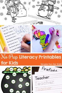 Do you need a quick and simple literacy worksheet that doesn't require cutting or other preparation? Check out these No Prep Literacy Printables for Kids! They cover many different learning objectives for toddlers, preschoolers, and kindergarteners.