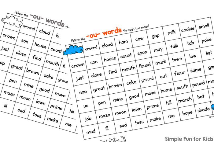 Practice phonics words with the digraph ou with this cute simple printable -ou Word Maze! Perfect for preschoolers and kindergarteners who are just learning to read.