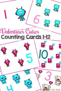 These cute printable Valentine's Cuties Counting Cards 1-12 are perfect for preschoolers who are learning to count. I use the first few numbers with my 2-year-old toddler, and he loves pointing out the images and putting manipulatives on each of them.
