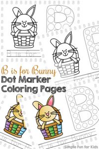 Introduce the letter b to your toddler or preschooler with these cute printable B is for Bunny Dot Marker Coloring Pages! Includes opportunities to dot, trace, read, and write!
