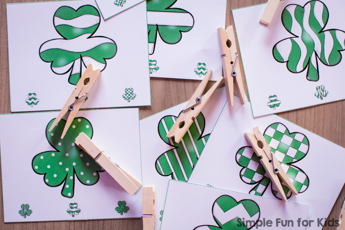 Do a fun, simple St. Patrick's Day-themed matching activity while also working on fine motor activities with these Patterned Shamrocks Matching Clip Cards! Perfect for toddlers and preschoolers.