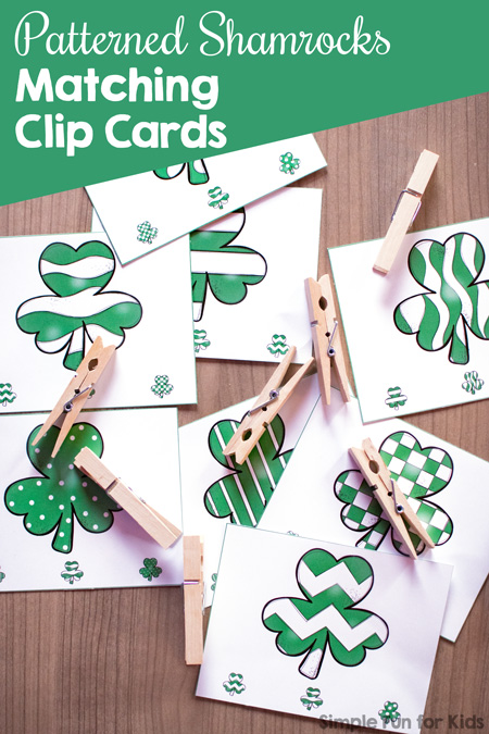 Do a fun, simple St. Patrick's Day-themed matching activity while also working on fine motor activities with these Patterned Shamrocks Matching Clip Cards! Perfect for toddlers and preschoolers.