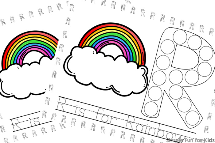 Learn letters with these cute, printable R is for Rainbow Dot Marker Coloring Pages! Perfect for a variety of skills, from coloring to dotting to tracing and even reading. For toddlers and preschoolers. (Day 5 of the 7 Days of St. Patrick's Day Printables for Kids.)