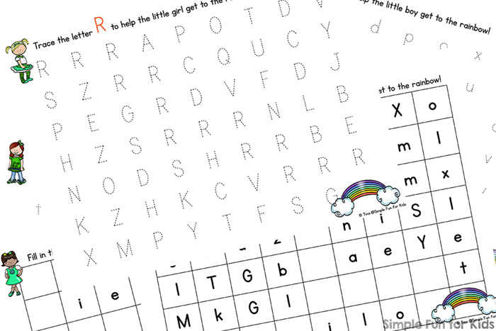 Practice writing upper and lower case letter R with these printable R is for Rainbow Handwriting Letter Mazes! Great for preschoolers and kindergarteners who are learning to write. (Day 2 of the 7 Days of St. Patrick's Day Printables for Kids series.)