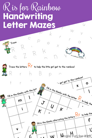 Practice writing upper and lower case letter R with these printable R is for Rainbow Handwriting Letter Mazes! Great for preschoolers and kindergarteners who are learning to write. (Day 2 of the 7 Days of St. Patrick's Day Printables for Kids series.)