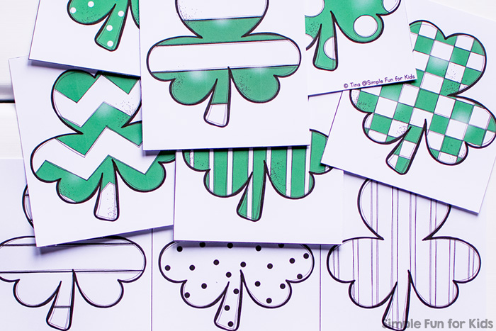 Match six shamrocks with different patterns in this simple, printable Shamrock Matching Game for Toddlers! Practice visual discrimination, 1:1 correspondence, and more with a St. Patrick's Day theme. (Day 3 of the 7 Days of St. Patrick's Day Printables for Kids series.)