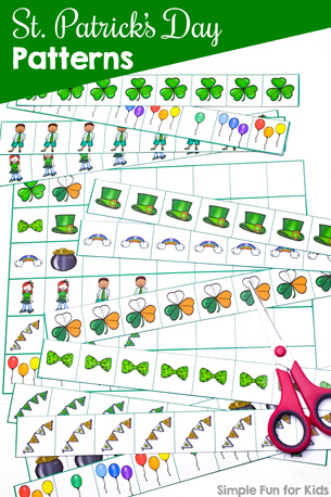 Practice AB, AABB, and ABC patterns and create your own with these cute printable St. Patrick's Day Patterns! Simply cut and paste, great for preschoolers and kindergarteners. (Day 6 of the 7 Days of St. Patrick's Day Printables for Kids series.)