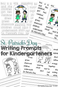 Cute writing prompts with different levels of support for early writers: St. Patrick's Day Writing Prompts for Kindergarteners! (Day 7 of the 7 Days of St. Patrick's Day Printables for Kids series.)