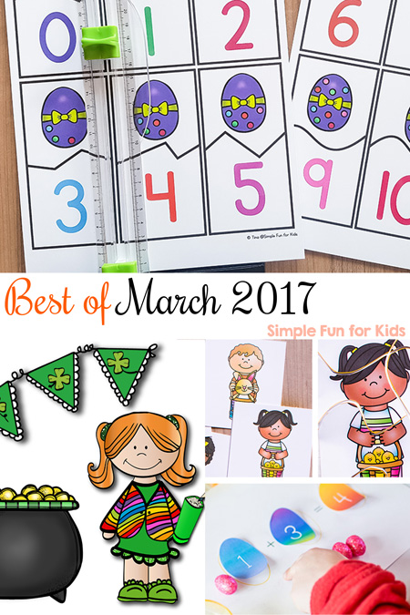 It's the Best of March 2017 on Simple Fun for Kids: The top 3 most popular posts, my personal favorite, and a roundup of all of the new posts of the past month: literacy, math, printables, sensory, and other activities for toddlers, preschoolers, and kindergarteners!