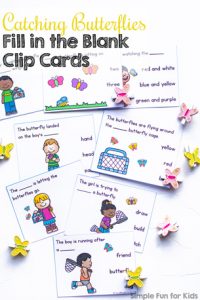 Practice reading and fine motor skills with these cute printable Catching Butterflies Fill in the Blank Clip Cards for kindergarteners and first graders.