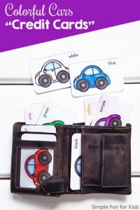 Does your toddler like playing with an old wallet? He or she will love these cute printable Colorful Cars "Credit Cards" to stick in the wallet! Includes nine different colors and color names.