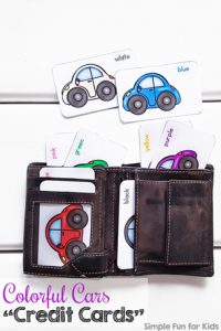 Does your toddler like playing with an old wallet? He or she will love these cute printable Colorful Cars "Credit Cards" to stick in the wallet! Includes nine different colors and color names.