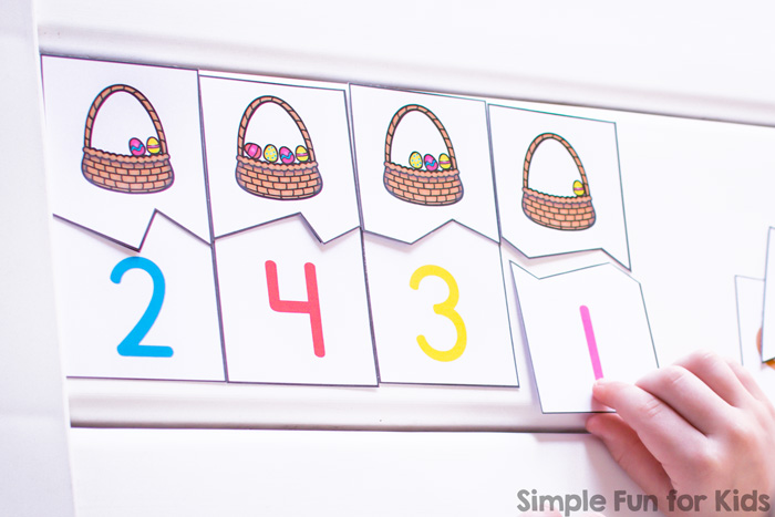 Practice counting from 0-11 with these cute Easter egg-filled Easter Basket Counting Puzzles! 2-piece puzzles for preschoolers and kindergarteners. (Day 2 of the 7 Days of Easter Printables for Kids.)