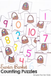 Practice counting from 0-11 with these cute Easter egg-filled Easter Basket Counting Puzzles! 2-piece puzzles for preschoolers and kindergarteners. (Day 2 of the 7 Days of Easter Printables for Kids.)