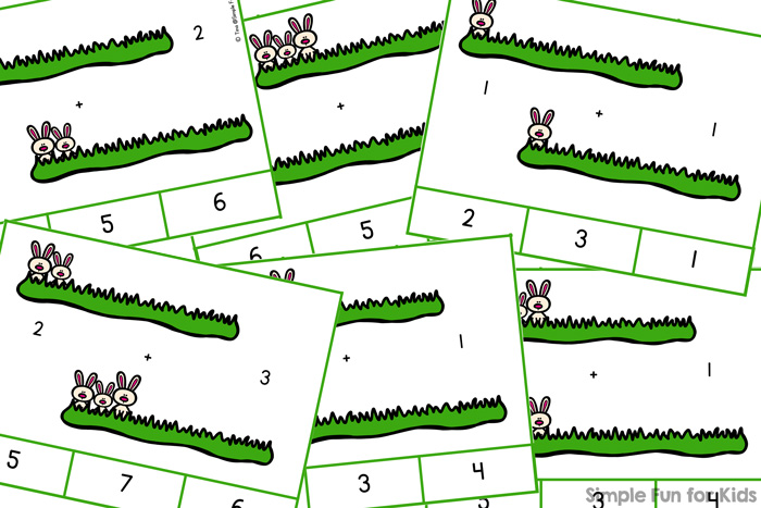 So cute! Practice addition up to 5 with these printable Easter Bunny Addition Clip Cards! Perfect for kindergarteners who are learning to add! (Day 6 of the 7 Days of Easter Printables for Kids.)
