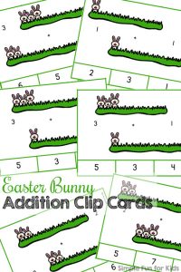 So cute! Practice addition up to 5 with these printable Easter Bunny Addition Clip Cards! Perfect for kindergarteners who are learning to add! (Day 6 of the 7 Days of Easter Printables for Kids.)