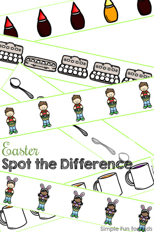 This cute Easter Spot the Difference printable is a fun way to practice visual discrimination for toddlers and preschoolers. 2 levels of difficulty. (Day 5 of the 7 Days of Easter Printables for Kids.)