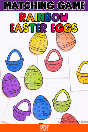 Featured image for Rainbow Easter Egg Color Matching Game. At the top, it says matching game in black on top of a purple banner. Underneath the banner, it says rainbow easter eggs in rainbow colors. At the bottom is an orange banner with PDF in white on it and a Simple Fun for Kids watermark above. The image shows some cards from the Easter egg matching game in different colors.