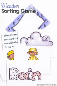 Learn about four different types of weather with this cute printable Weather Sorting Game! Great for different skill levels from toddlers to kindergarteners.