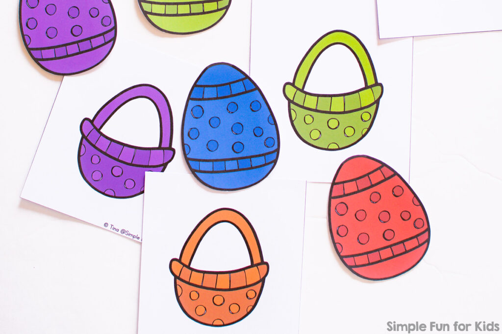 Some cards with Easter eggs and Easter baskets in purple, green, blue, red, and orange.